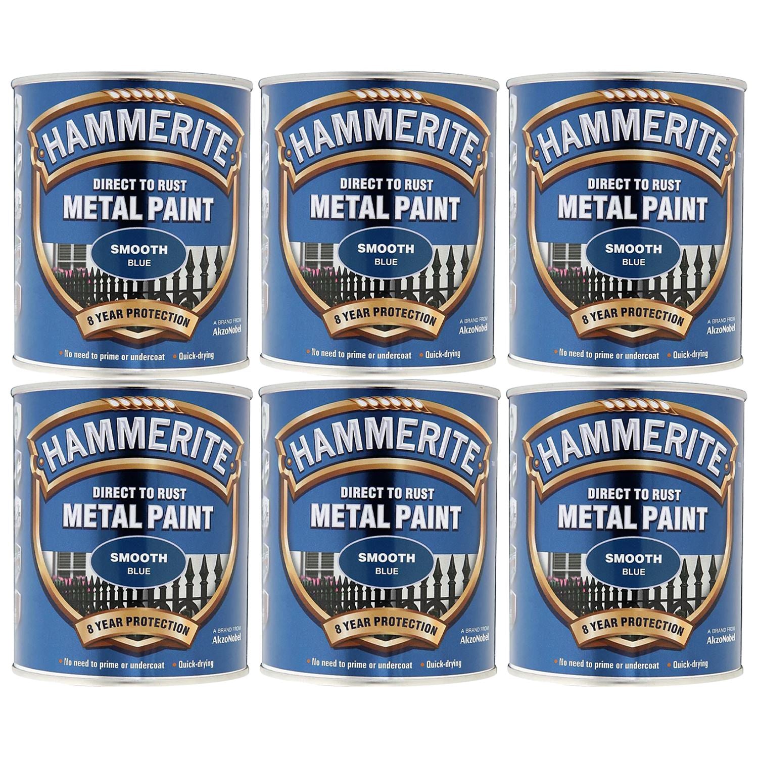6X Hammerite Smooth Blue Paint 750ml Tin Paint