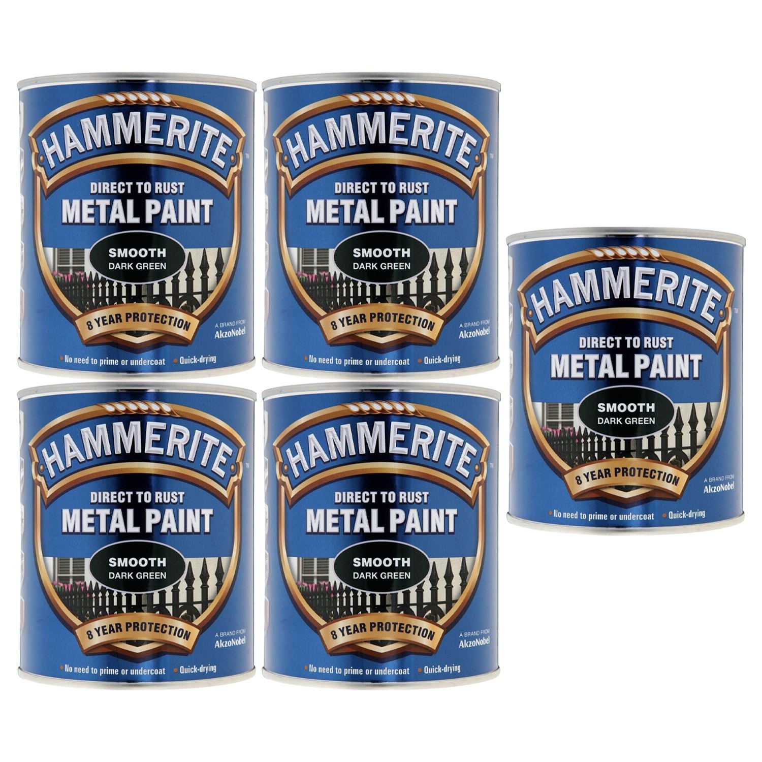 5X Hammerite Smooth Dark Green Paint 750ml Tin Paint