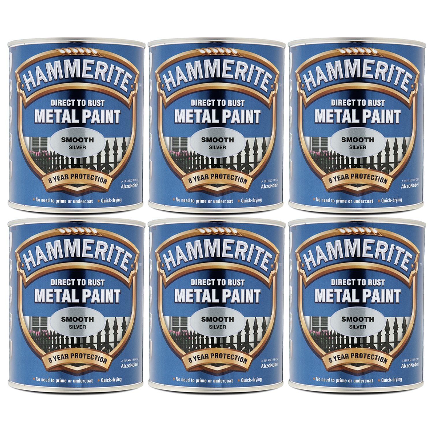 6X Hammerite Smooth Silver Paint 750ml Tin Paint