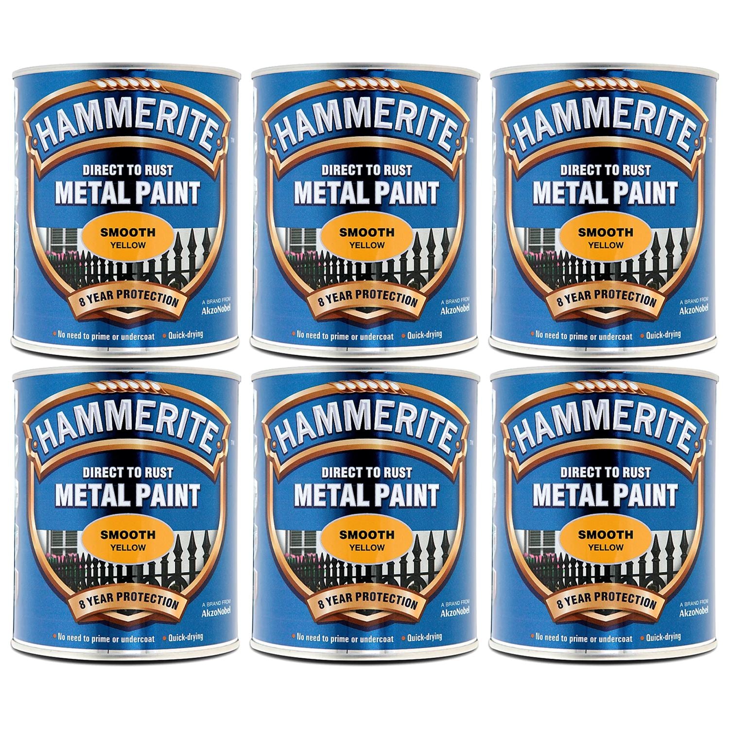 6X Hammerite Smooth Yellow Paint 750ml Tin Paint