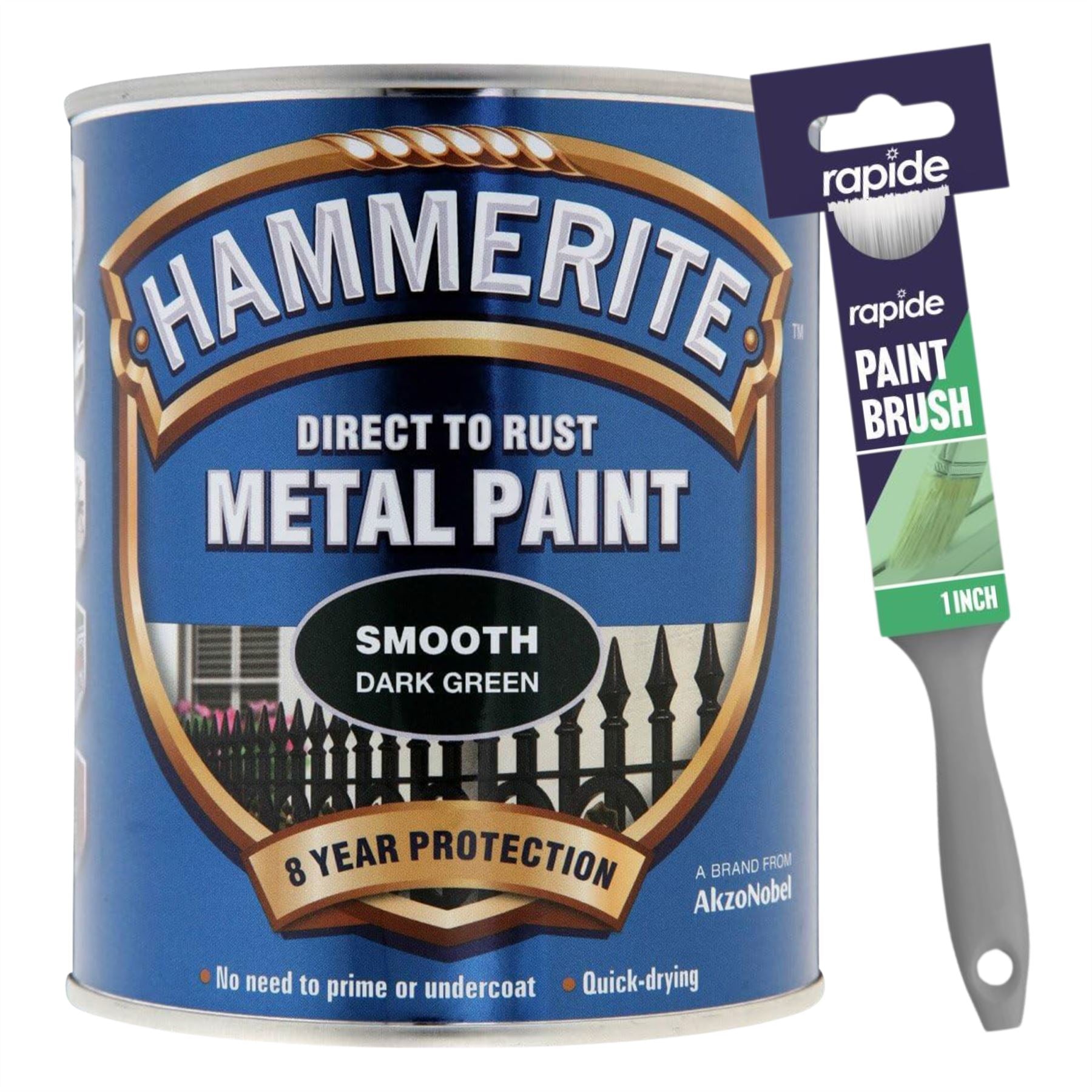 Hammerite Smooth Dark Green Paint 750ml With 1" Paint Brush Tin Paint