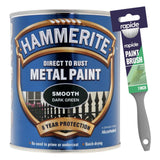 Hammerite Smooth Dark Green Paint 750ml With 1" Paint Brush Tin Paint