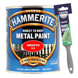Hammerite Smooth Red Paint 750ml With 1" Paint Brush Tin Paint