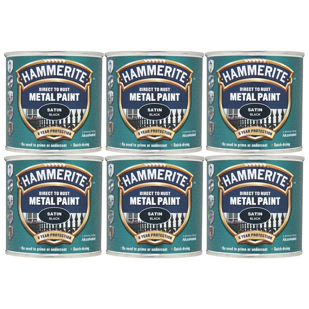 6X Hammerite Satin Black Paint 250ml Tin Paint