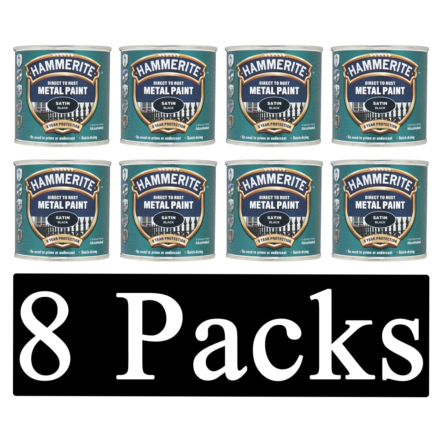 8X Hammerite Satin Black Paint 250ml Tin Paint