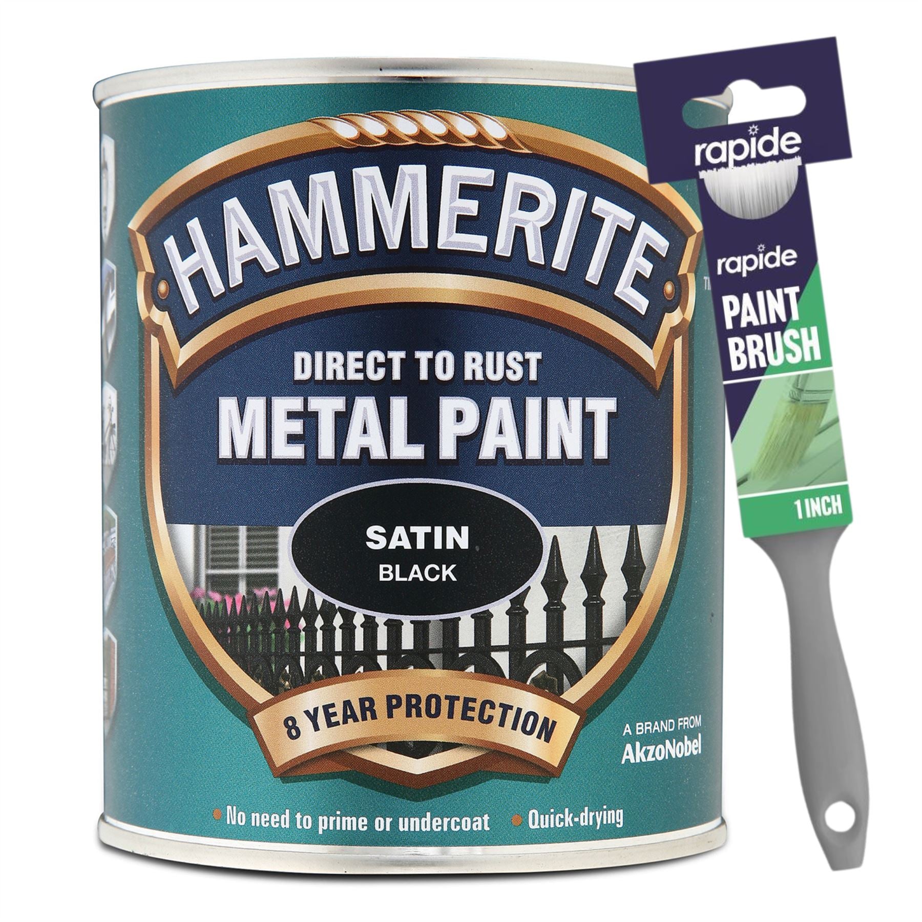 Hammerite Satin Black Paint 750ml With 1" Paint Brush Tin Paint