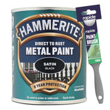 Hammerite Satin Black Paint 750ml With 1" Paint Brush Tin Paint