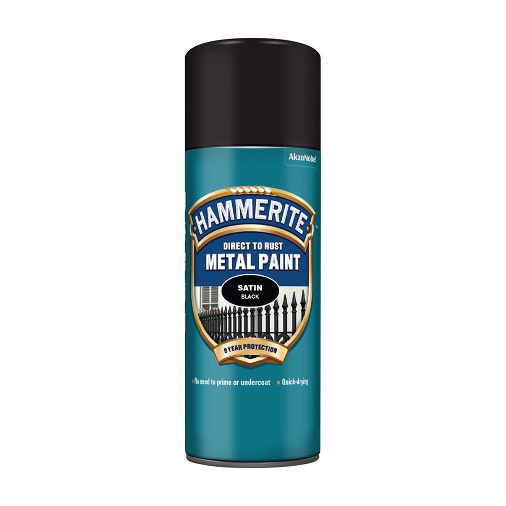 Hammerite satin black spray paint can for metal surfaces with quick-drying formula and rust protection