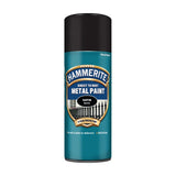 Hammerite satin black spray paint can for metal surfaces with quick-drying formula and rust protection