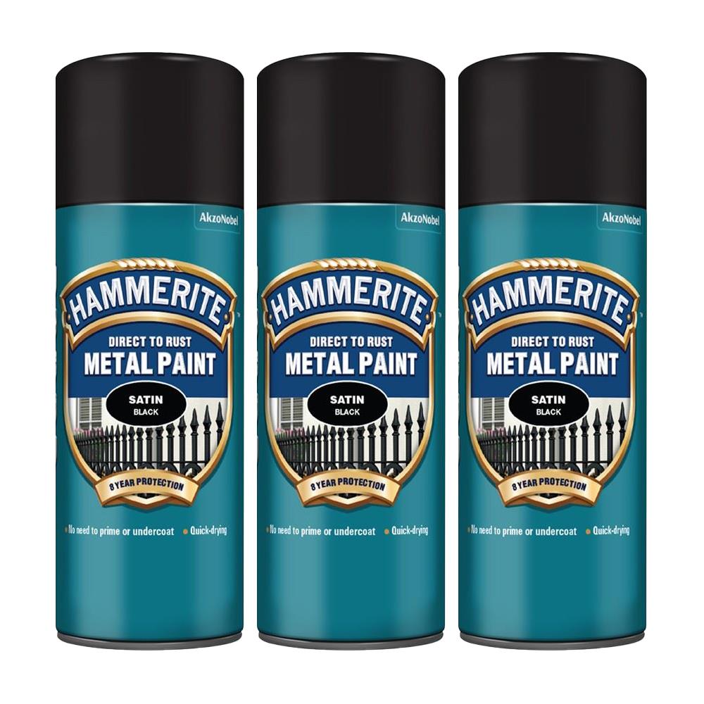 3X Hammerite Satin Black Spray Paint 400ml Spray Paint