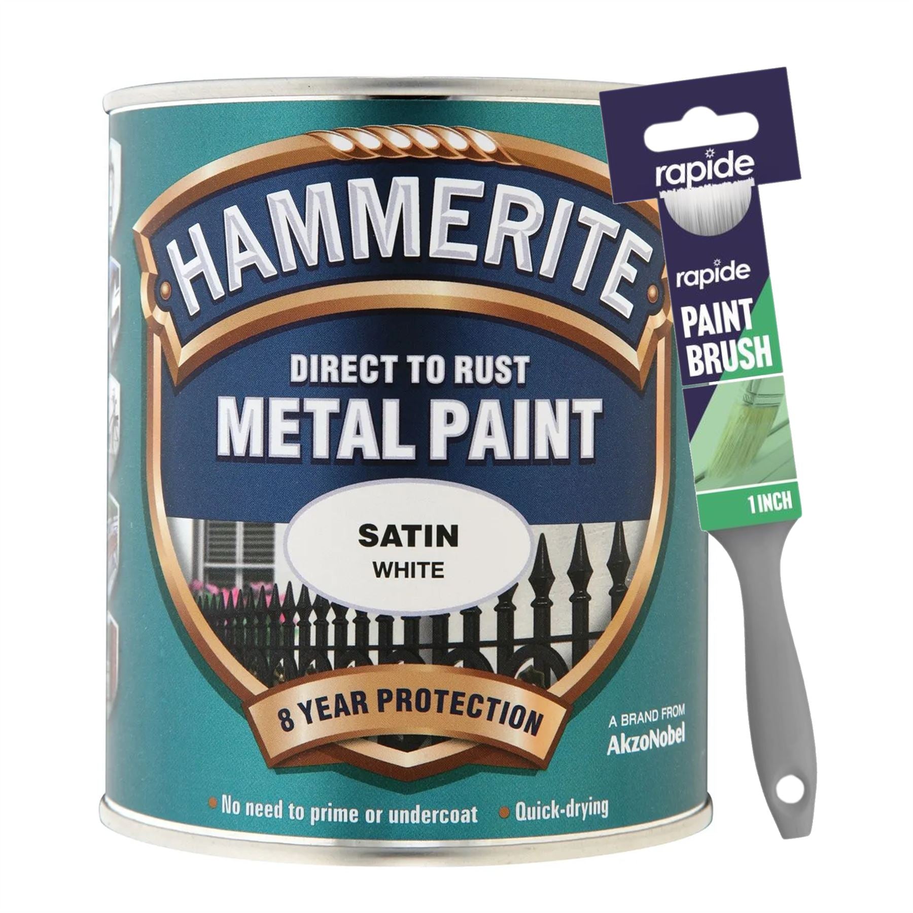 Hammerite Satin White Paint 750ml With 1" Paint Brush Tin Paint