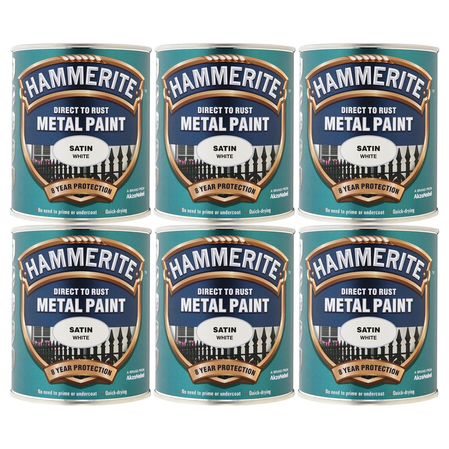 6X Hammerite Satin White Paint 750ml Tin Paint
