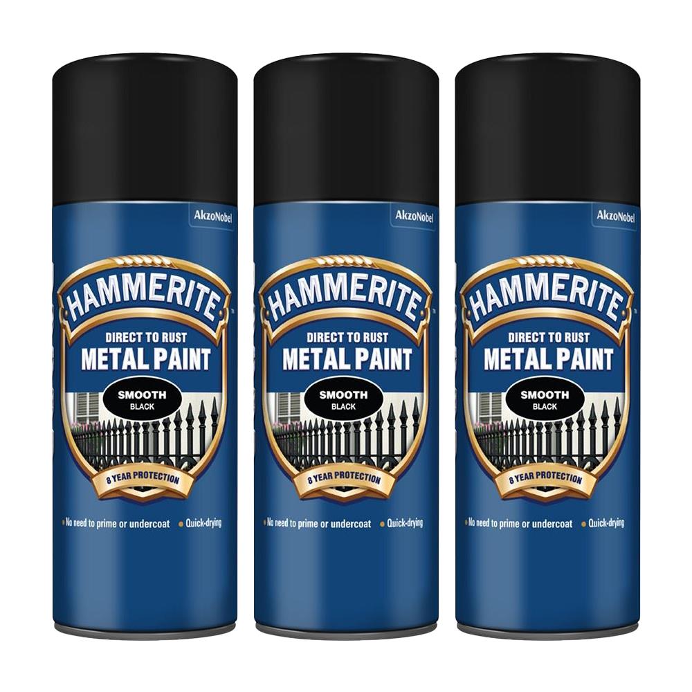 3X Hammerite Smooth Black Spray Paint 400ml Spray Paint