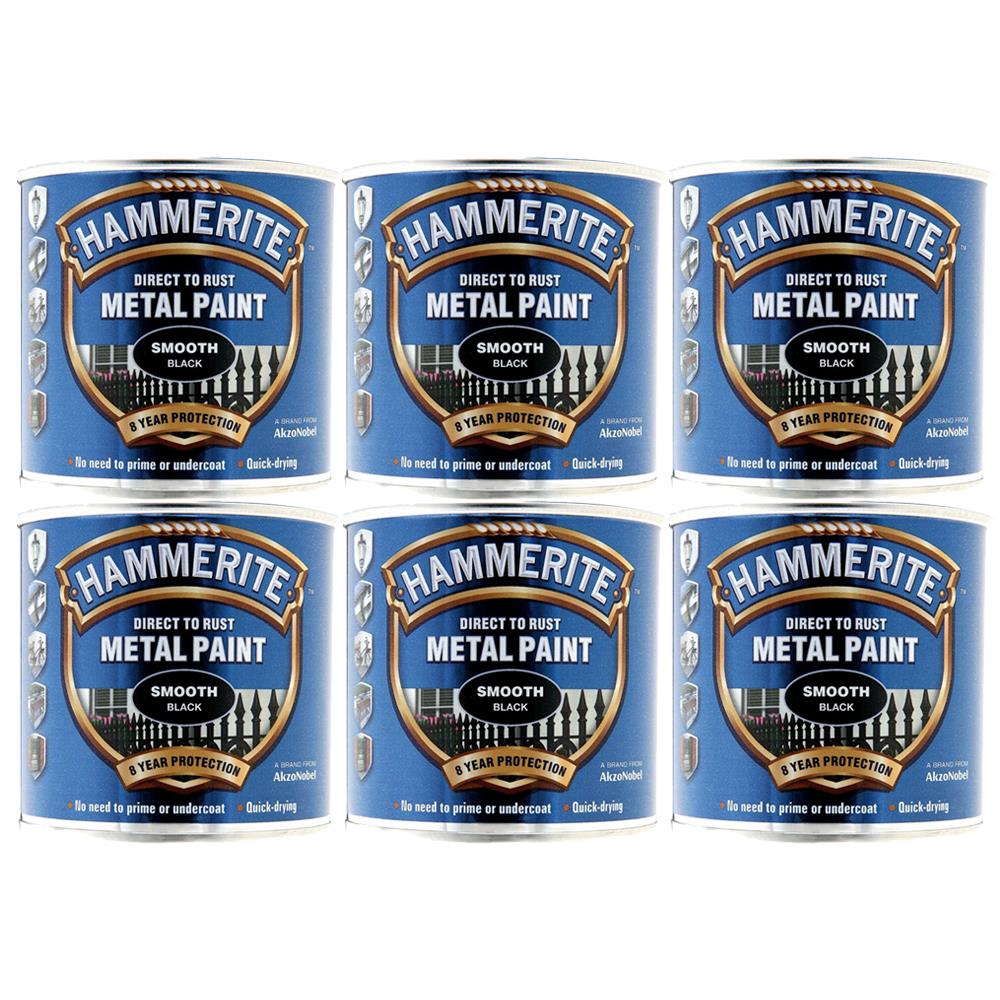 Set of six Hammerite Smooth Black Paint 250ml tins for direct to rust metal protection