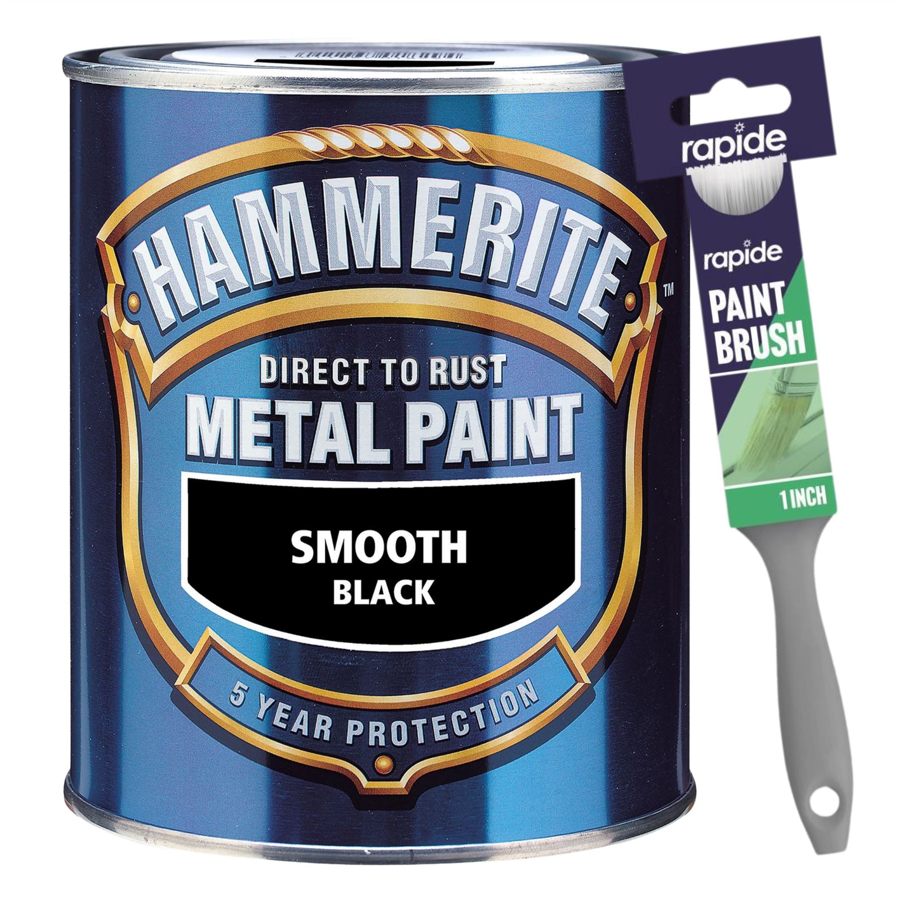 Hammerite Smooth Black Paint 750ml With 1" Paint Brush Tin Paint
