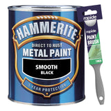 Hammerite Smooth Black Paint 750ml With 1" Paint Brush Tin Paint
