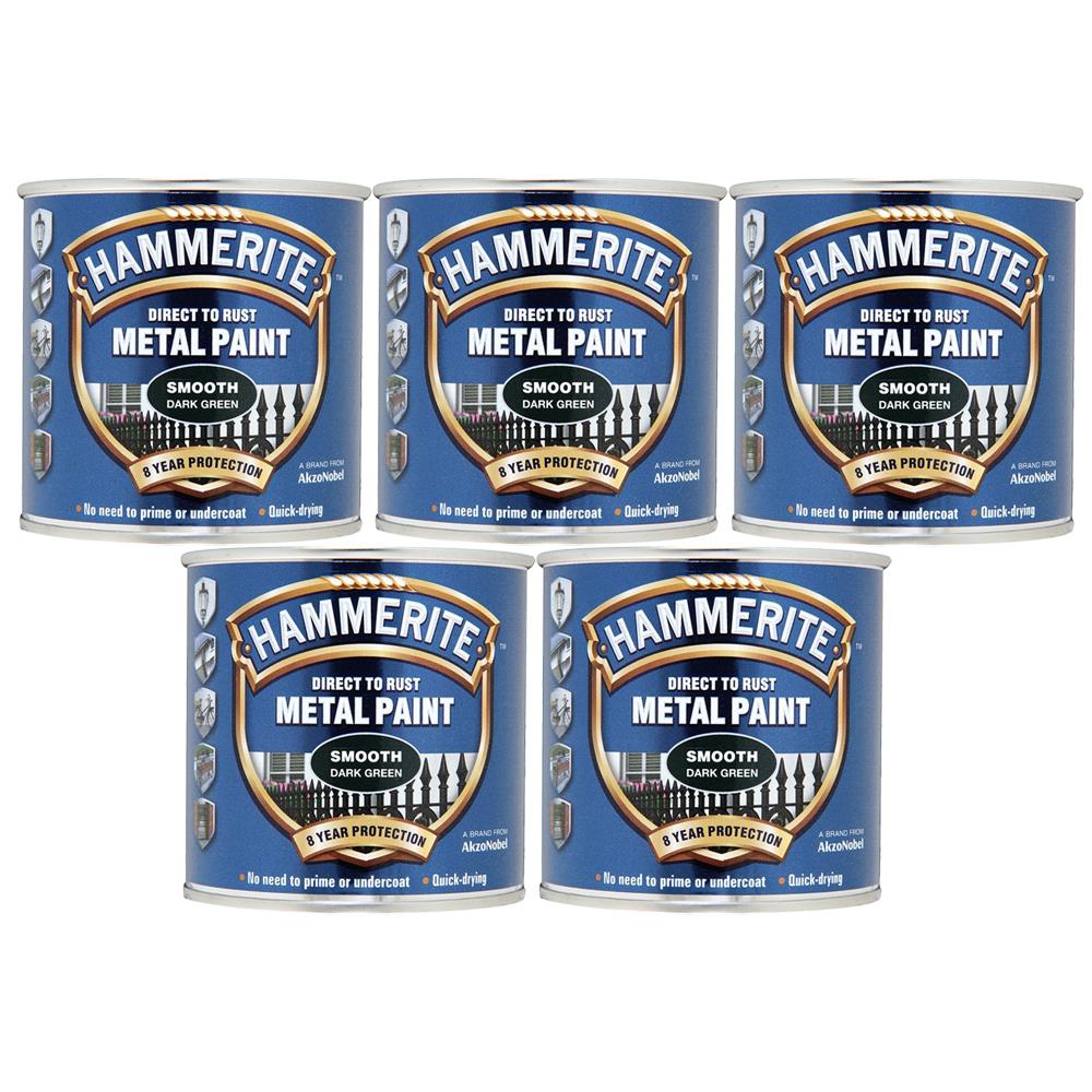 5X Hammerite Smooth Dark Green Paint 250ml Tin Paint