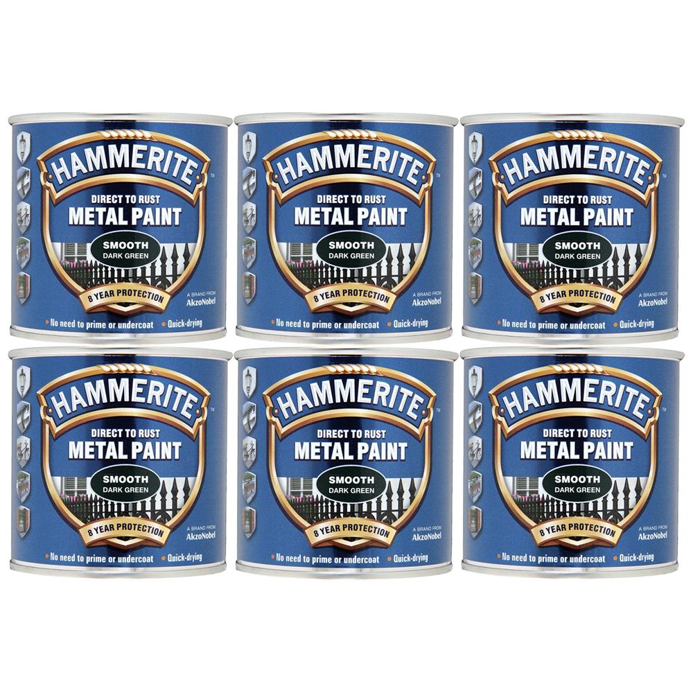 6X Hammerite Smooth Dark Green Paint 250ml Tin Paint
