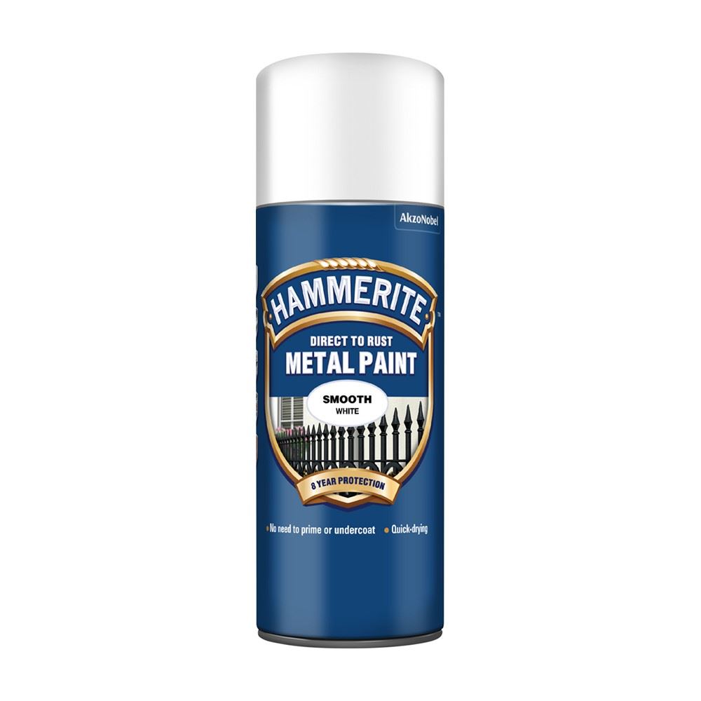 Hammerite smooth white spray paint can for quick-drying metal protection and easy application
