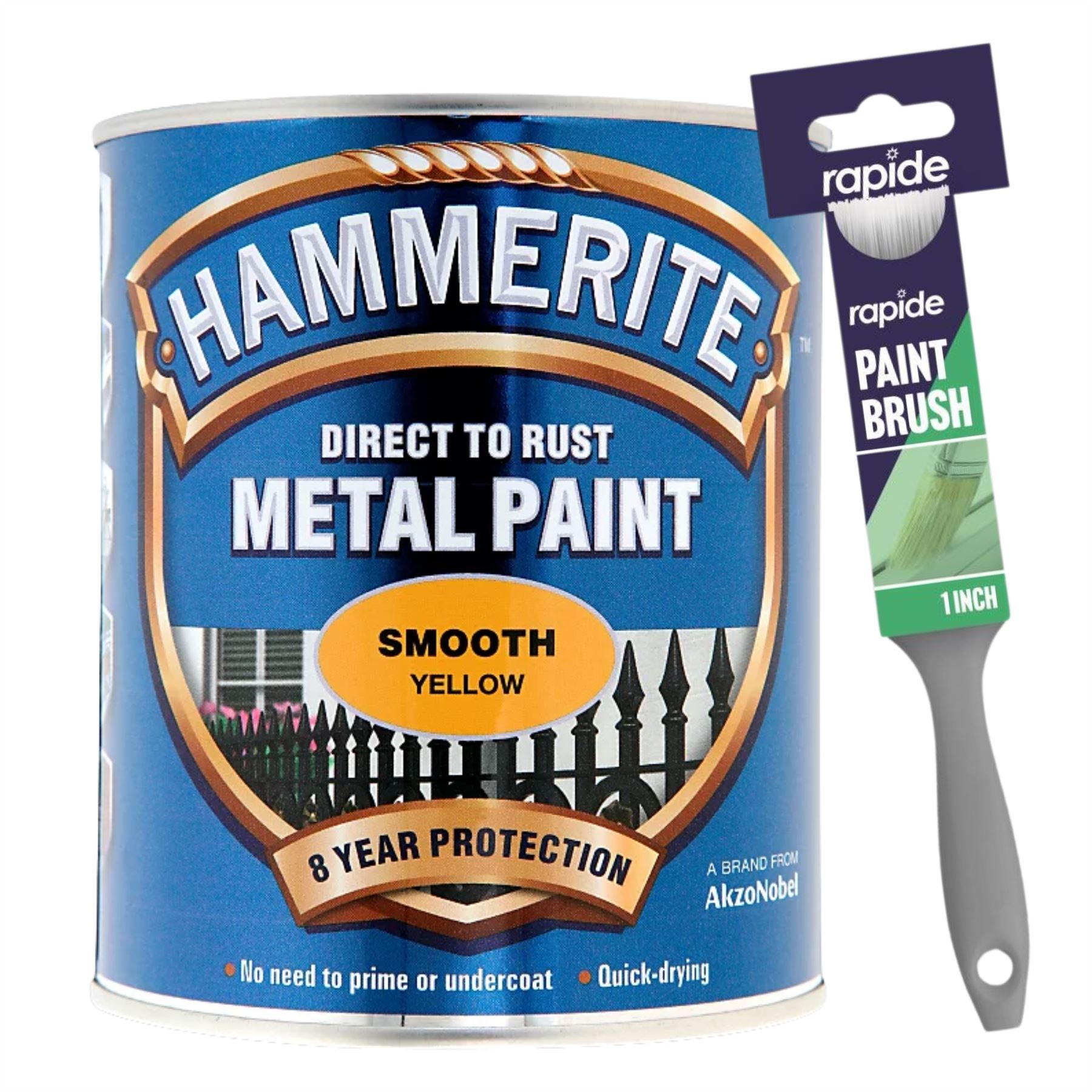 Hammerite Smooth Yellow Paint 750ml With 1" Paint Brush Tin Paint