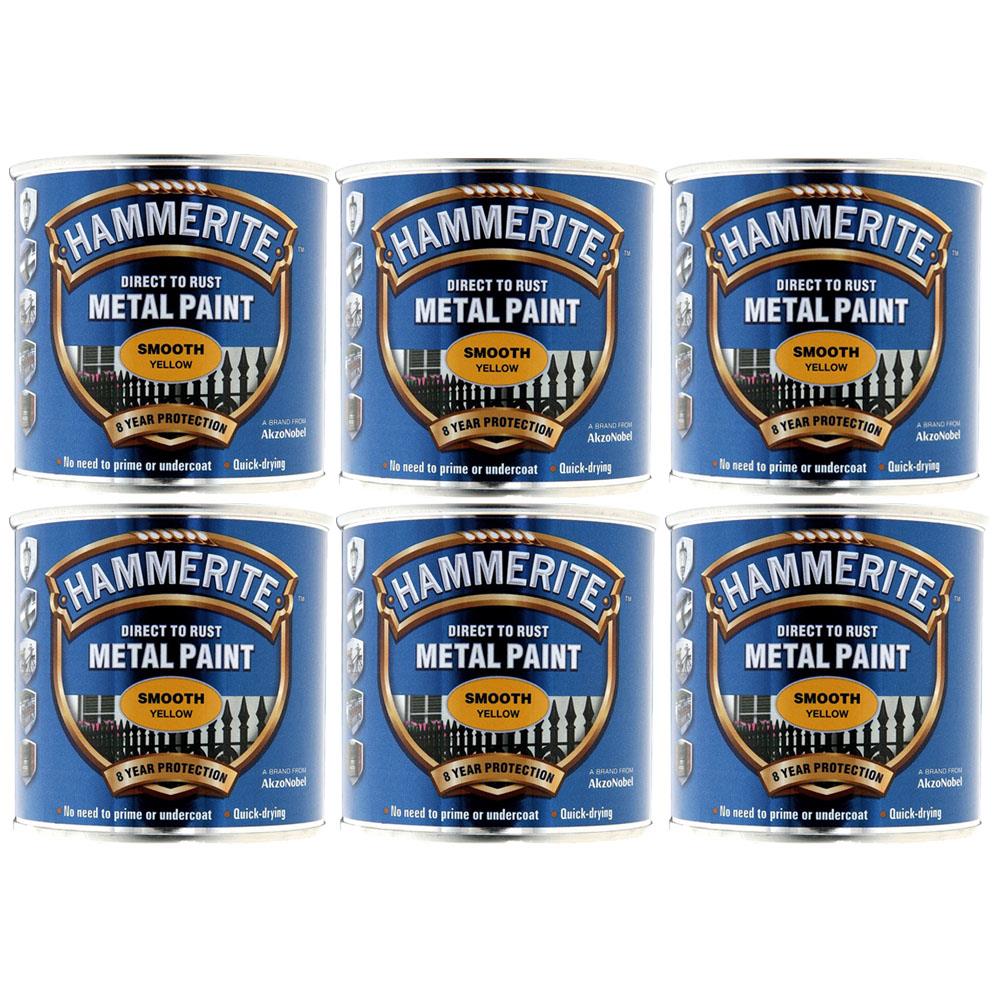 6X Hammerite Smooth Yellow Paint 250ml Tin Paint