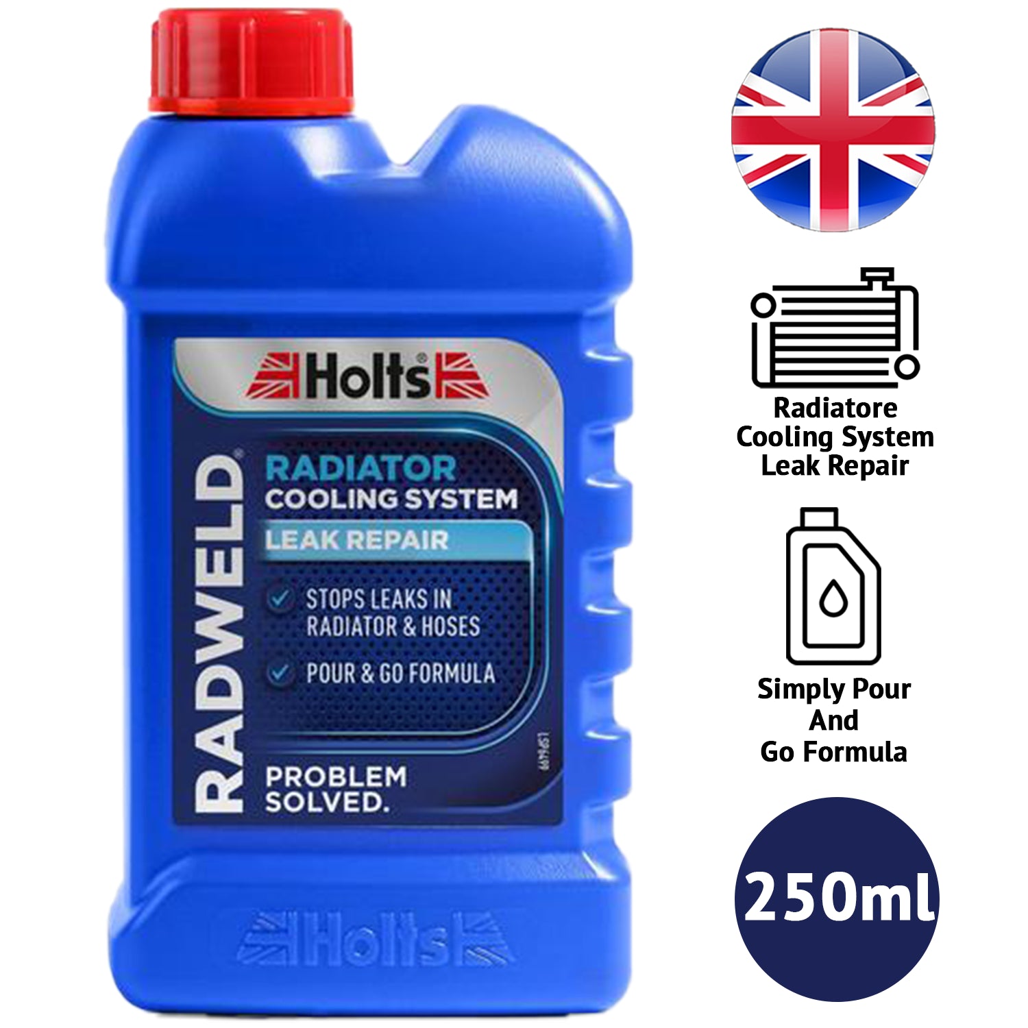 Holts Radweld radiator repair liquid in blue bottle, 250ml, for cooling system leak repair