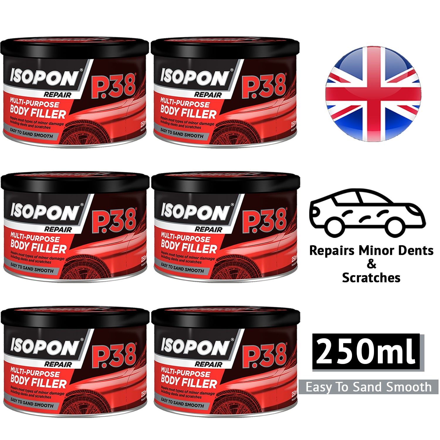 6X Isopon P38 Multi-Purpose Body Filler 250ml Body Filler