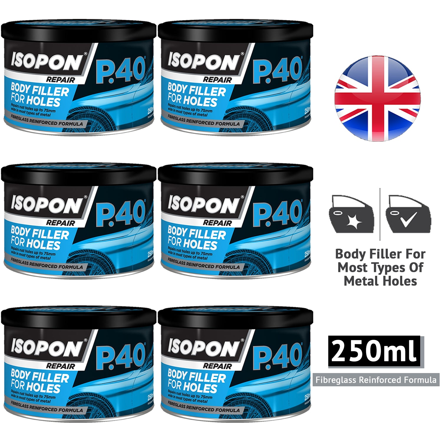 6X Isopon P40 Body Filler 250ml Body Filler