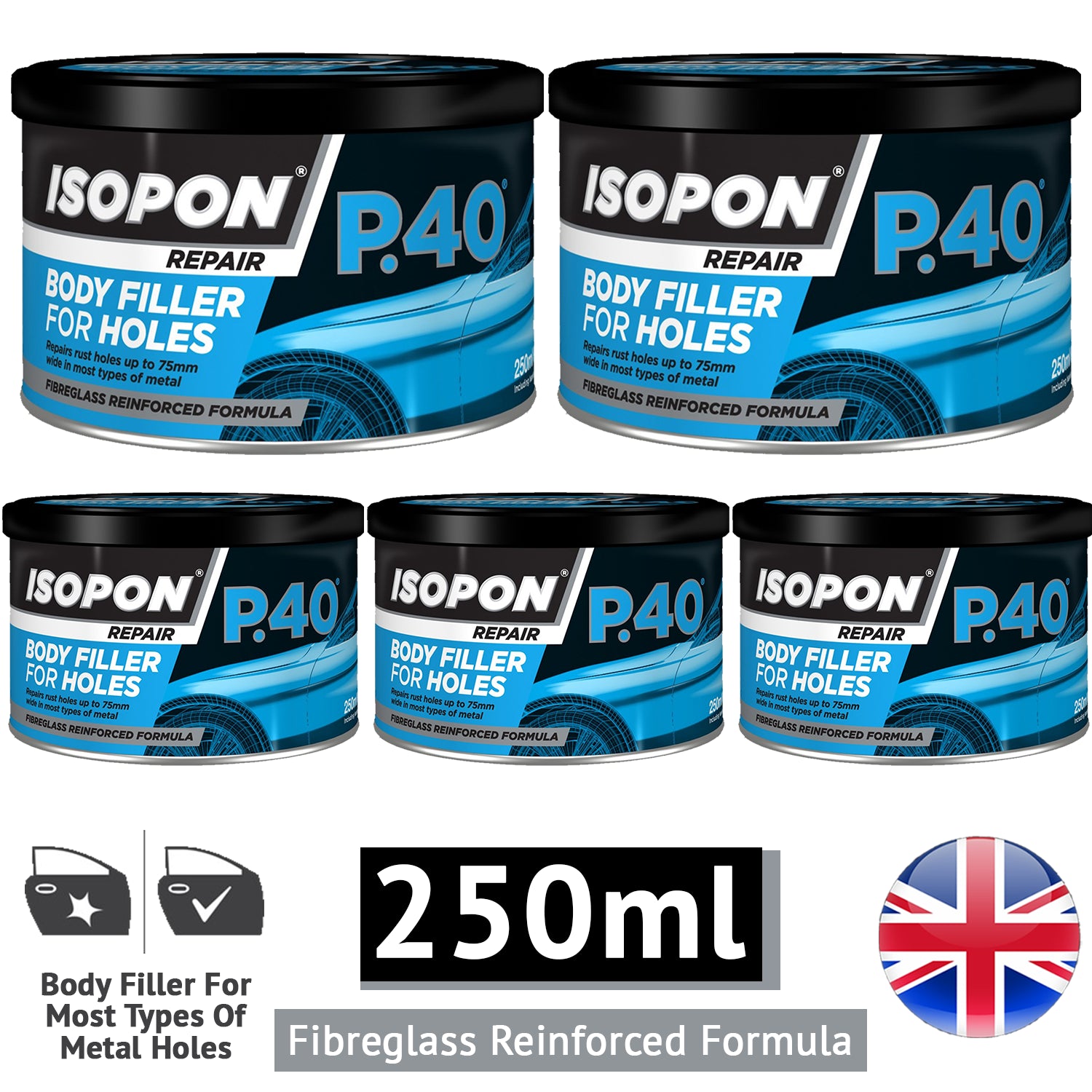 5X Isopon P40 Body Filler 250ml Body Filler