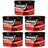 Five containers of ISOPON P.38 multi-purpose body filler on a white background