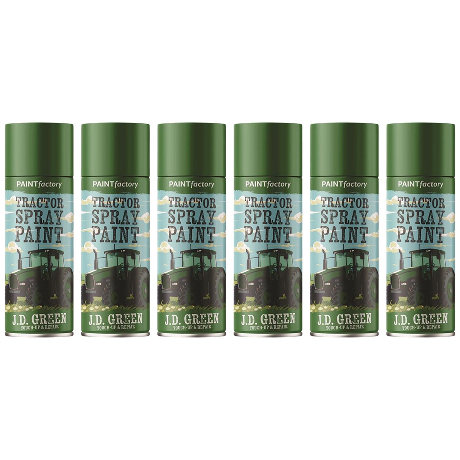Six cans of John Deere green spray paint for tractors and outdoor projects