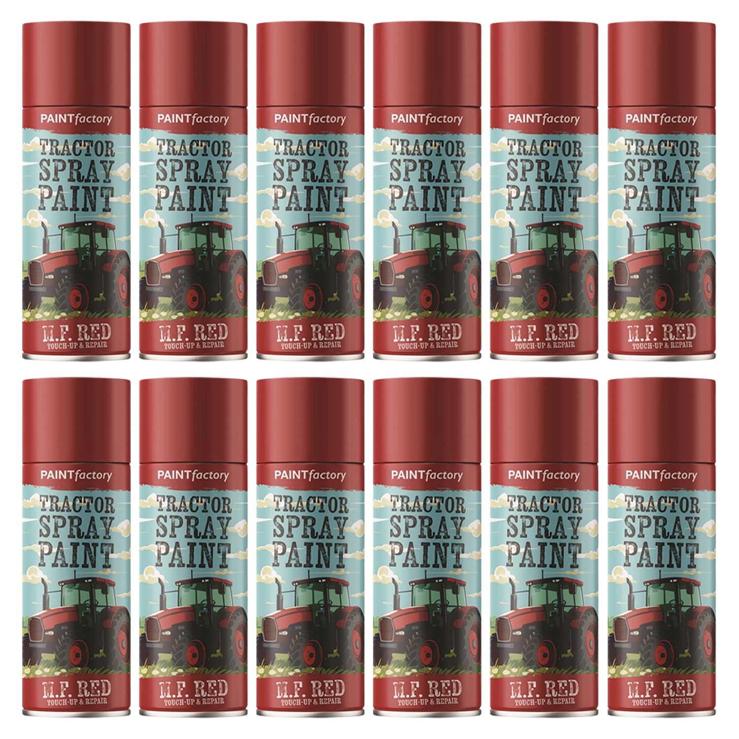 Multiple cans of Paint Factory Massey Ferguson red spray paint for tractor restoration projects
