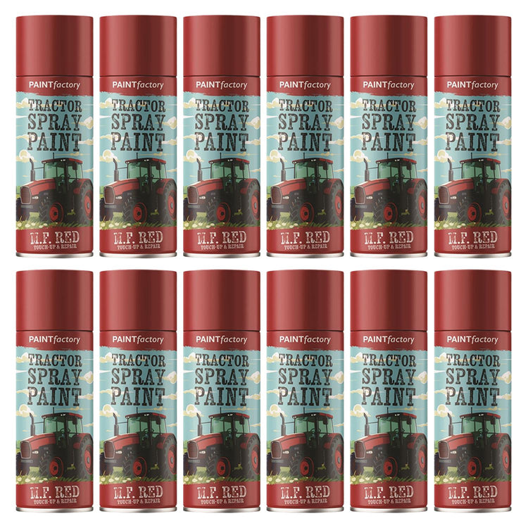 Multiple cans of Paint Factory Massey Ferguson red spray paint for tractor restoration projects