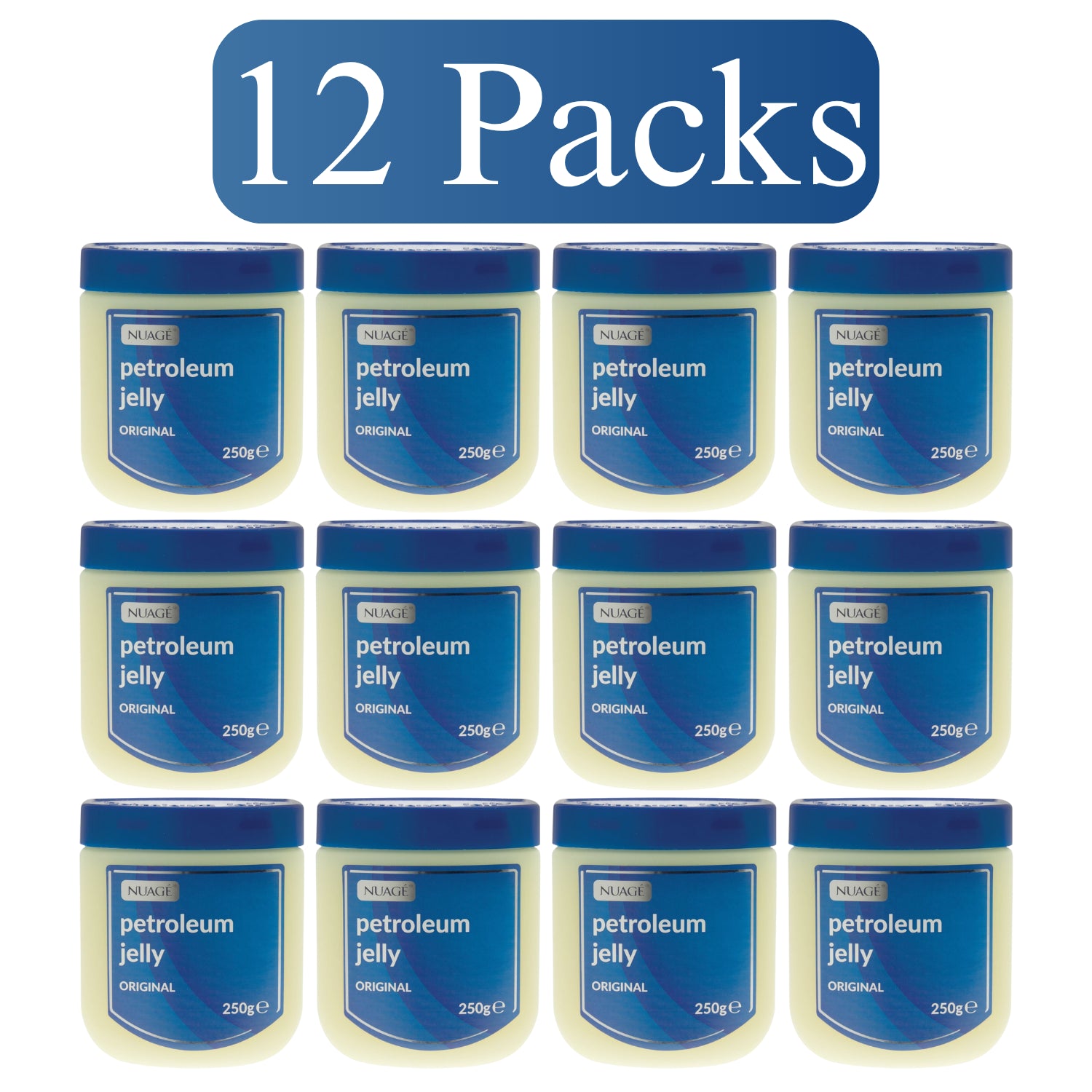 Nuage petroleum jelly bulk pack containing 12 x 250g jars for skin hydration and protection