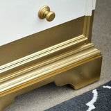 Close-up of a wooden cabinet base featuring a metallic gold paint tin 300ml finish for elegant home decor