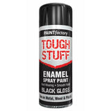 Paint Factory Tough Stuff black gloss enamel spray paint with hard wearing and smooth finish for metal, wood and plastic