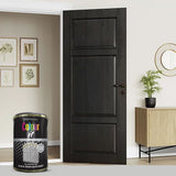 Tin of Paint Factory black iron gate gloss paint next to a stylish black door in a modern room