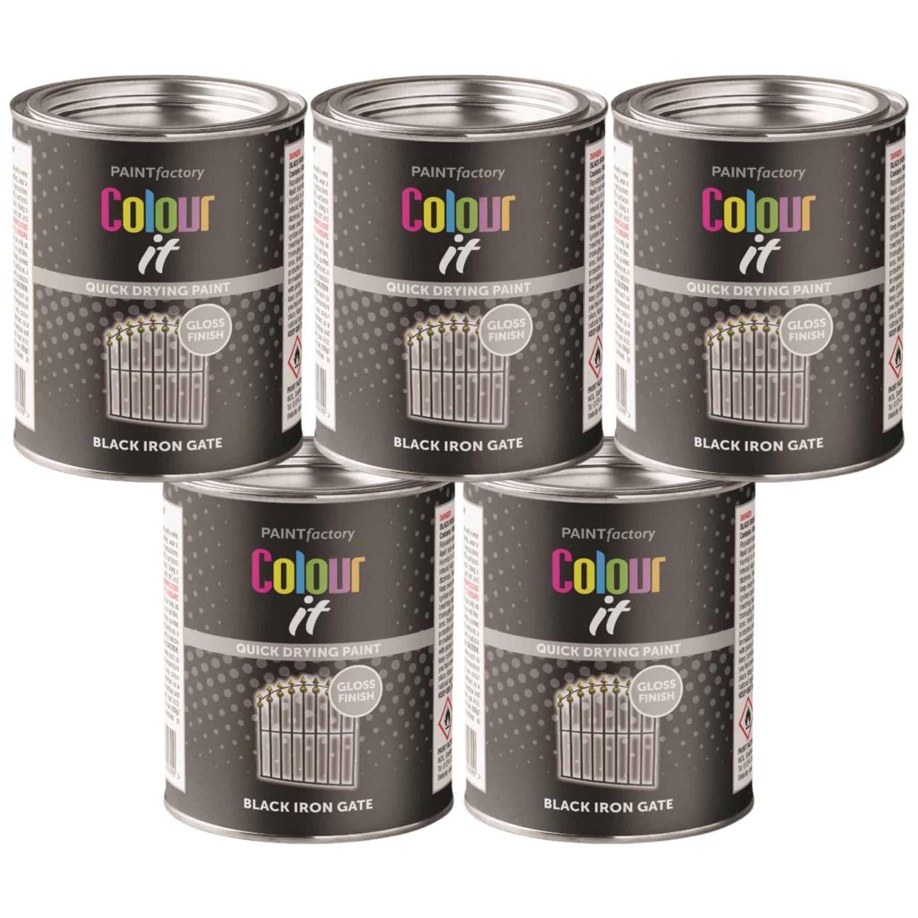 5X Paint Factory Black Iron Gate Gloss Tin Paint 300ml Tin Paint