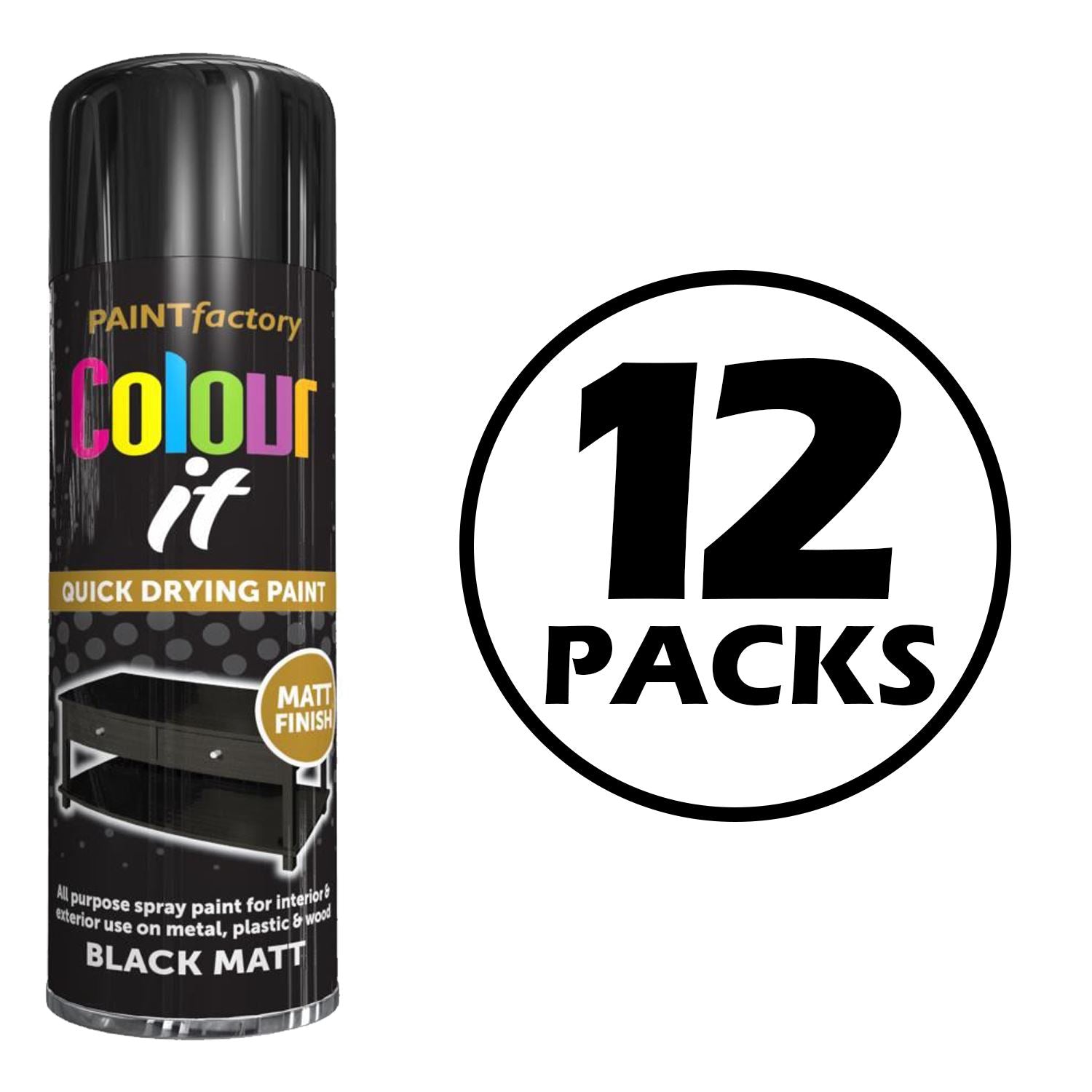 12X Paint Factory Black Matt Spray Paint 250ml Spray Paint