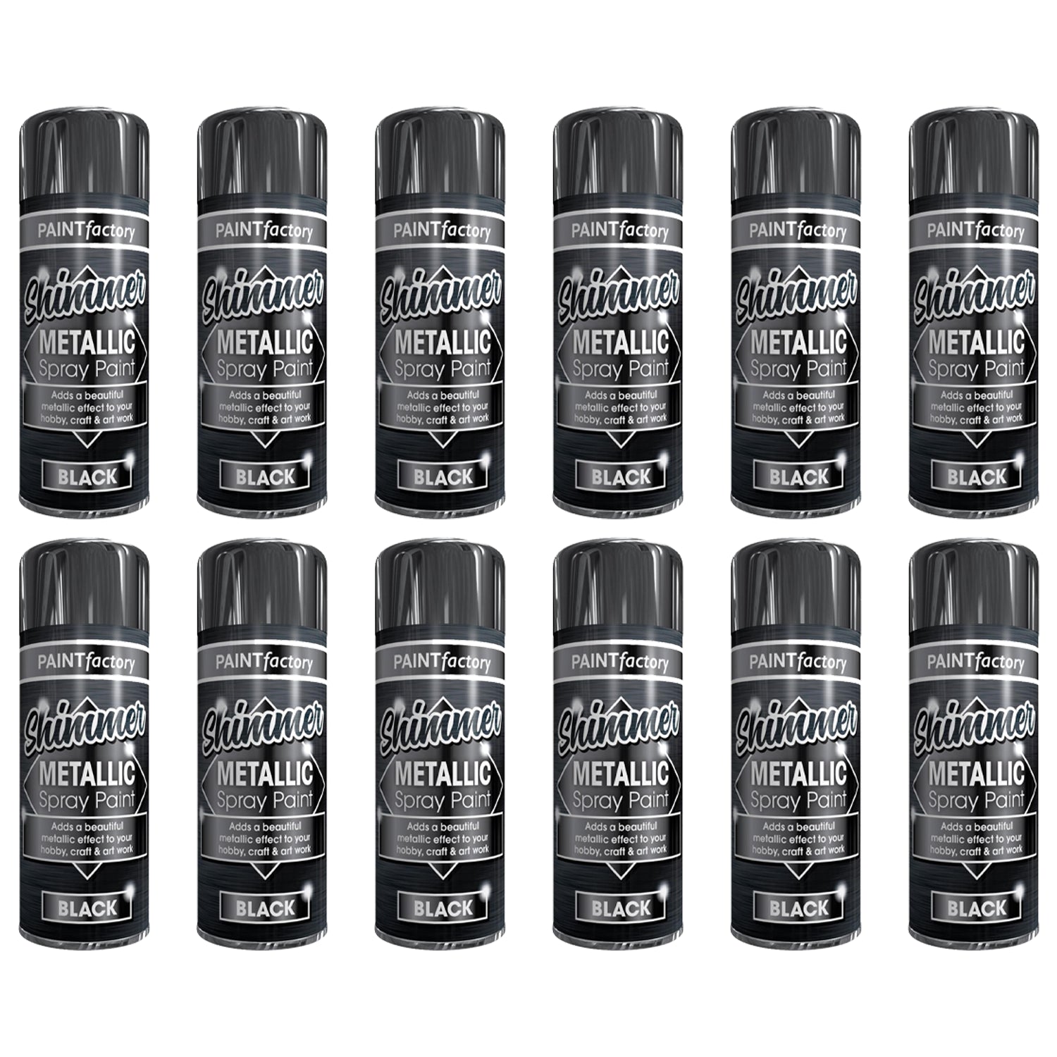 12X Paint Factory All Purpose Black Metallic Spray Paint 200ml Spray Paint