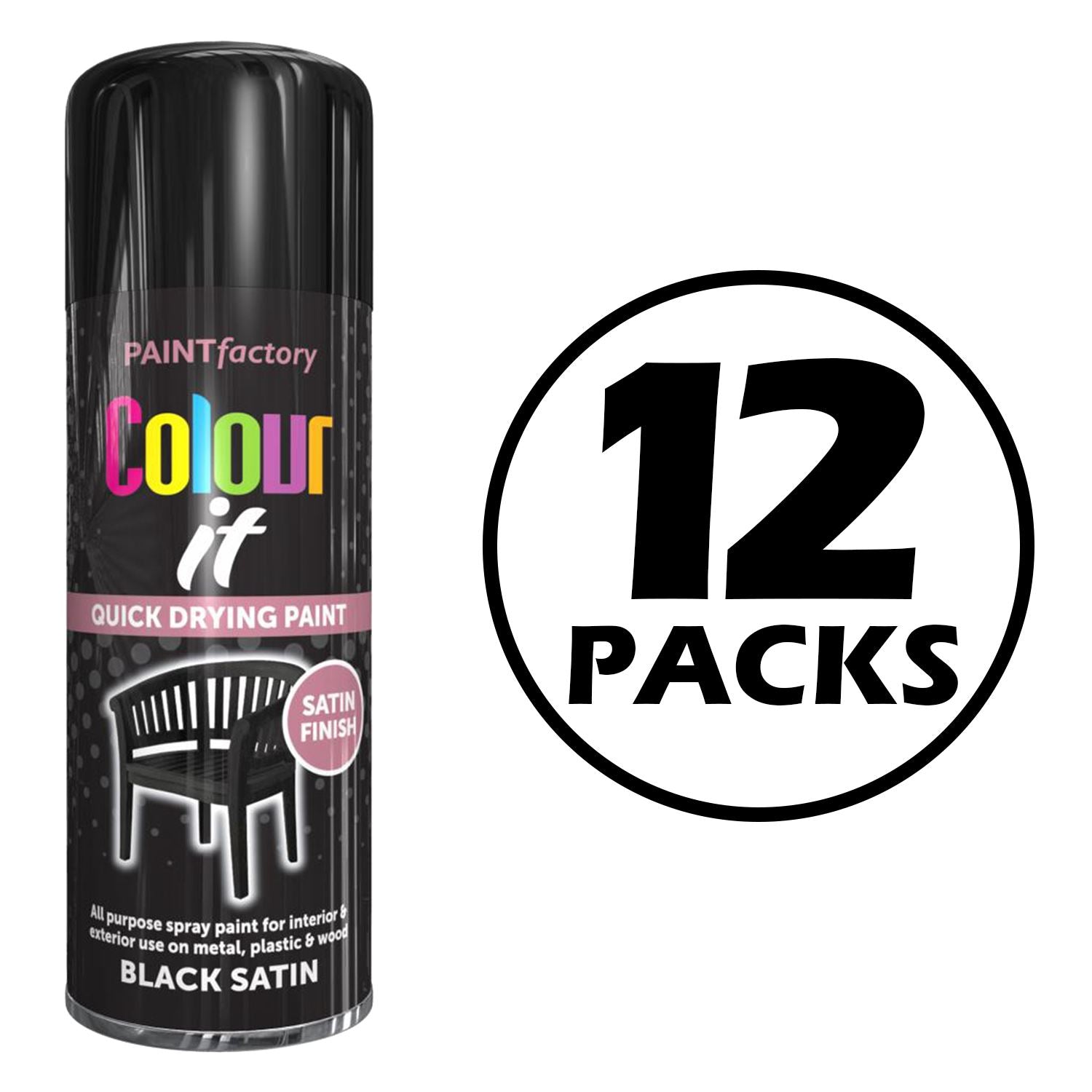 12X Paint Factory Black Satin Spray Paint 400ml Spray Paint