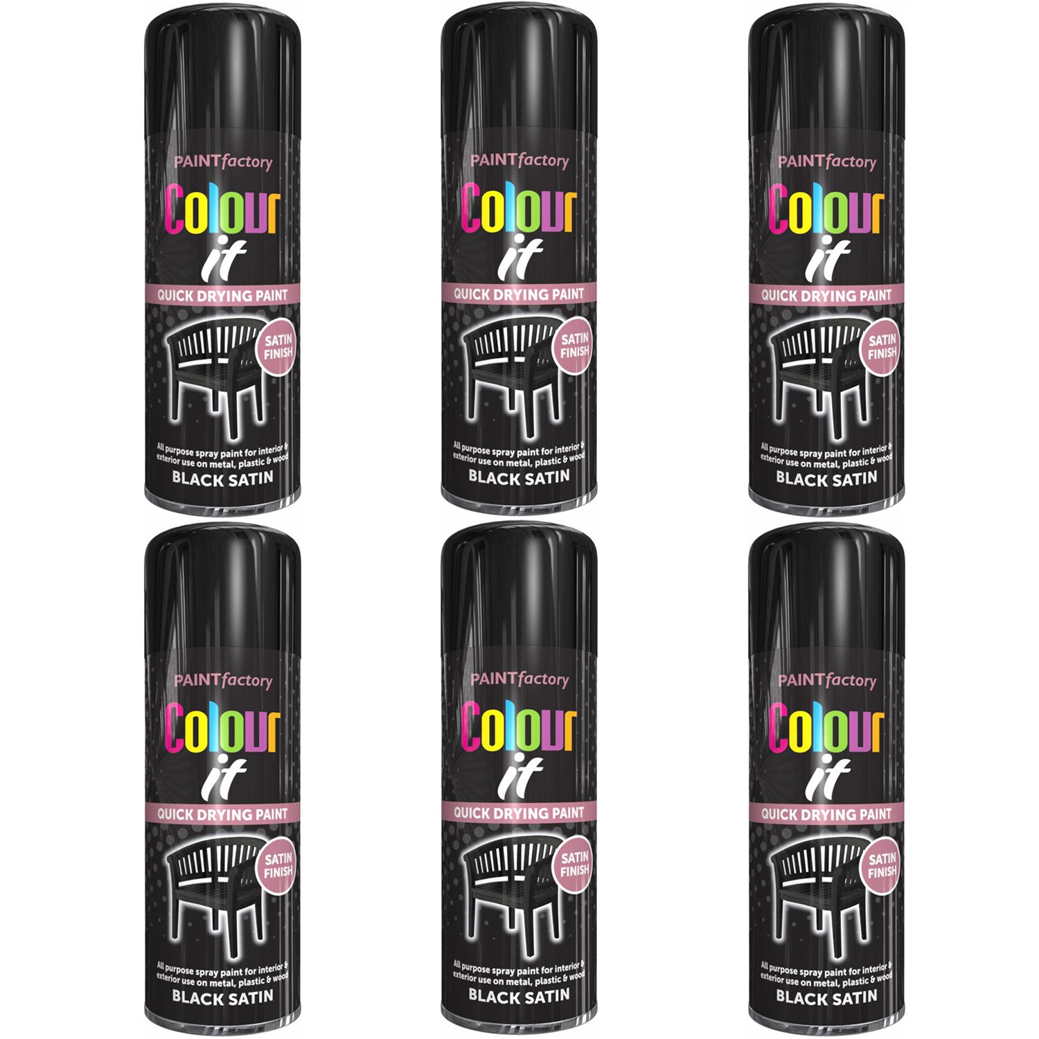 6X Paint Factory Black Satin Spray Paint 400ml Spray Paint