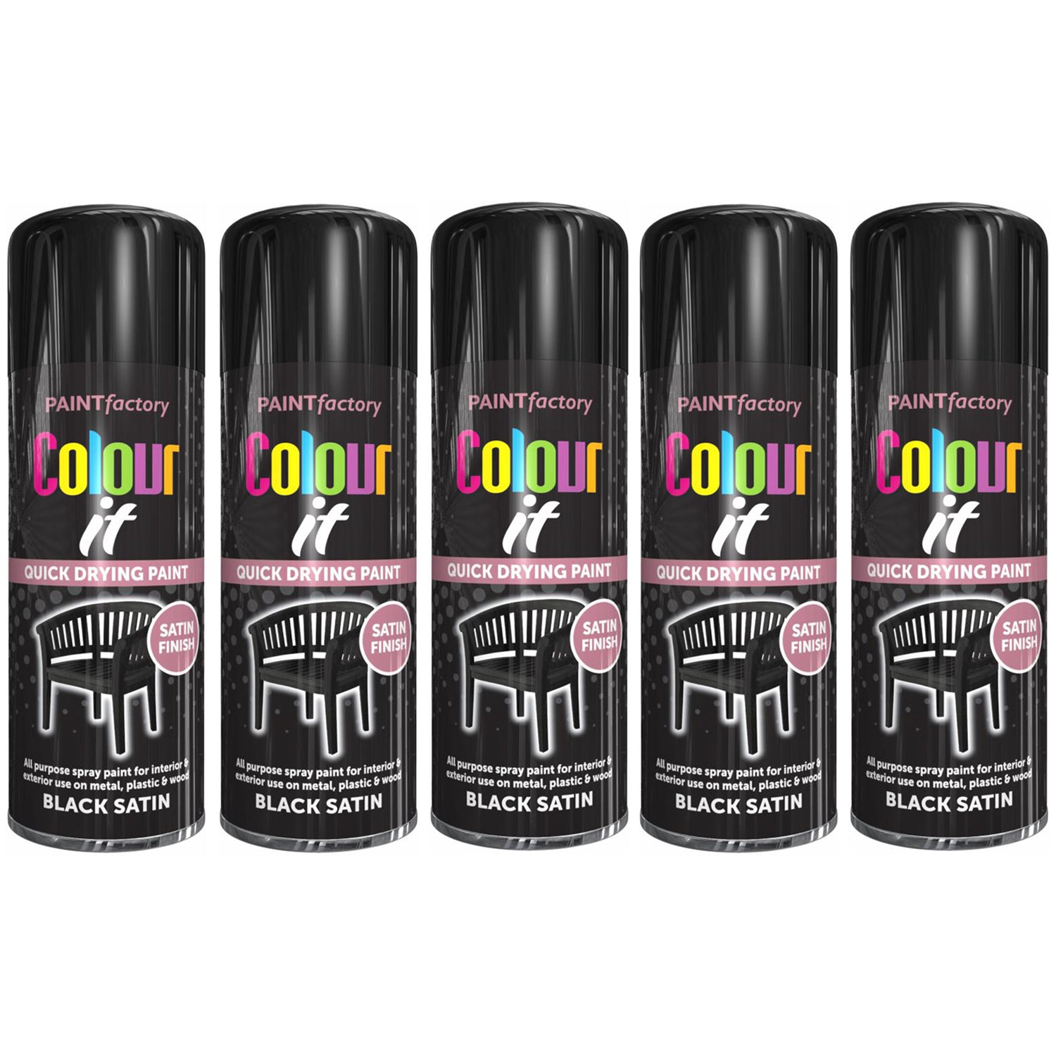 5X Paint Factory Black Satin Spray Paint 400ml Spray Paint