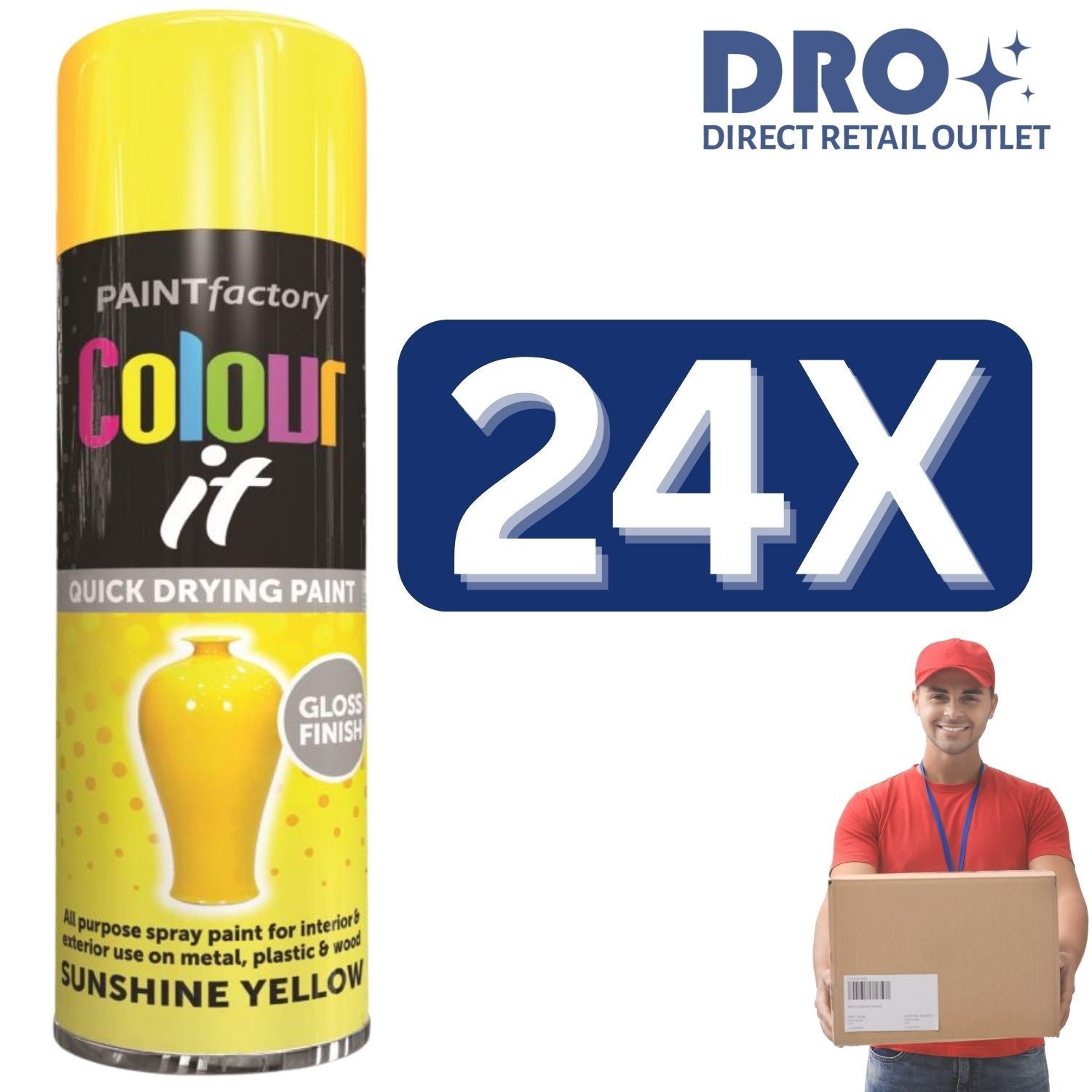 Bulk quantity discounted paints by Paint Factory in sunshine yellow, 24 cans of quick drying spray paint