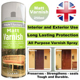 PAINTfactory Matt Varnish Spray 250ml for interior and exterior use, bulk quantity discounted paints available