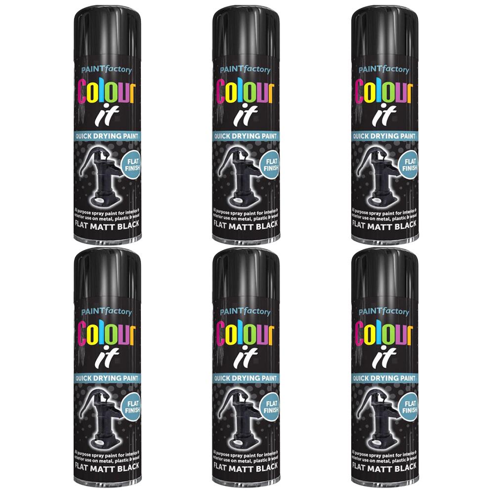 6X Paint Factory Flat Matt Black Spray Paint 250ml Spray Paint
