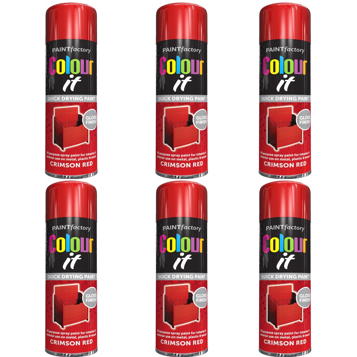 6X Paint Factory Crimson Red Gloss Spray Paint 250ml Spray Paint