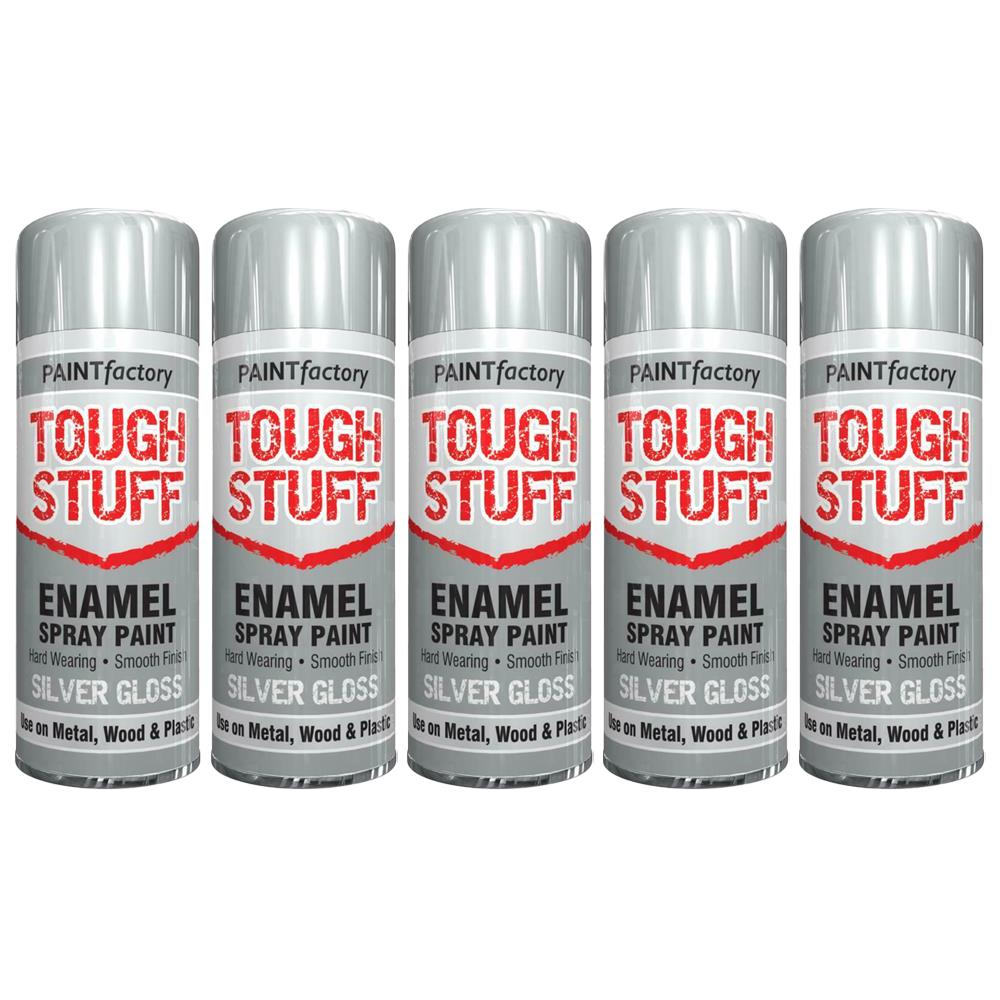 5X Paint Factory Tough Stuff Enamel Silver Gloss 400ml Spray Paint