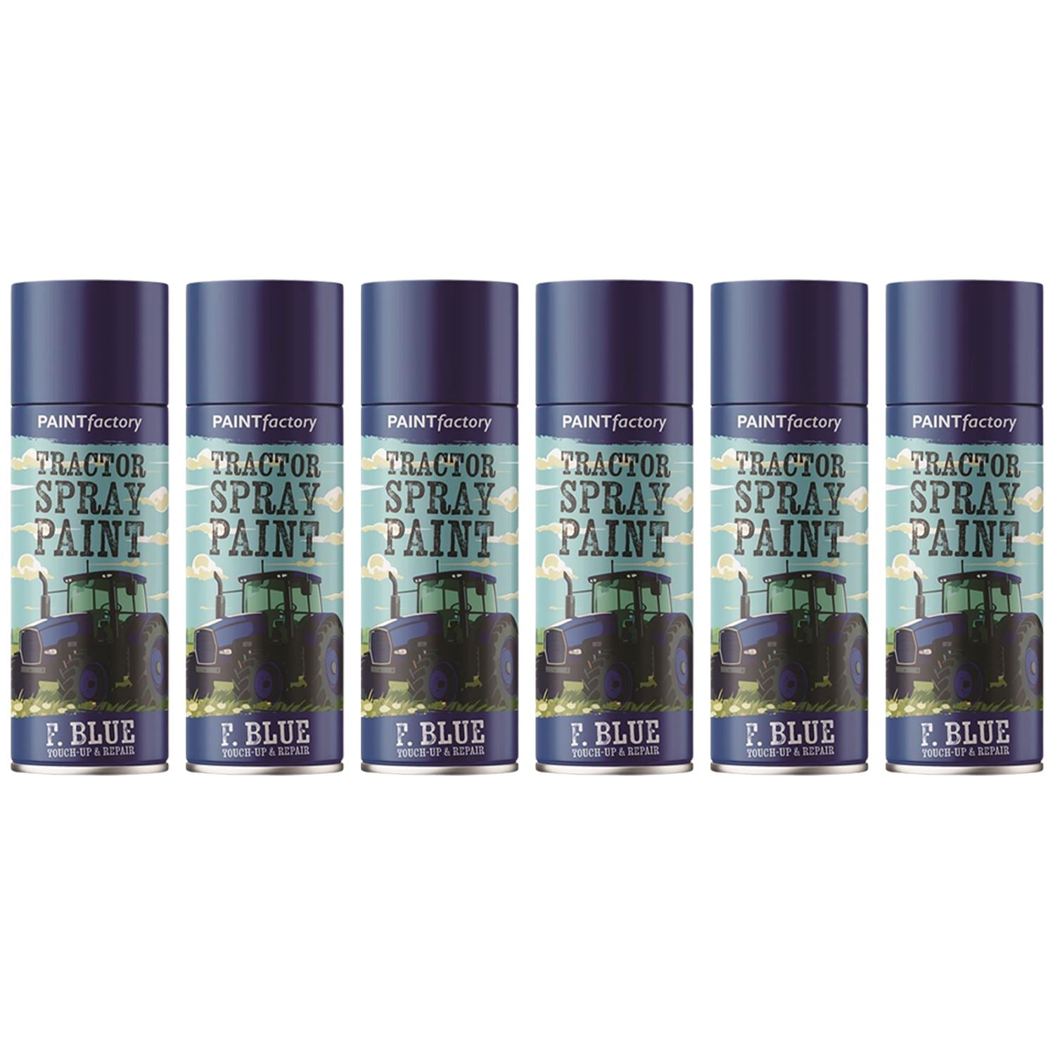 Six cans of Paint Factory Ford blue tractor spray paint for durable and vibrant finishes