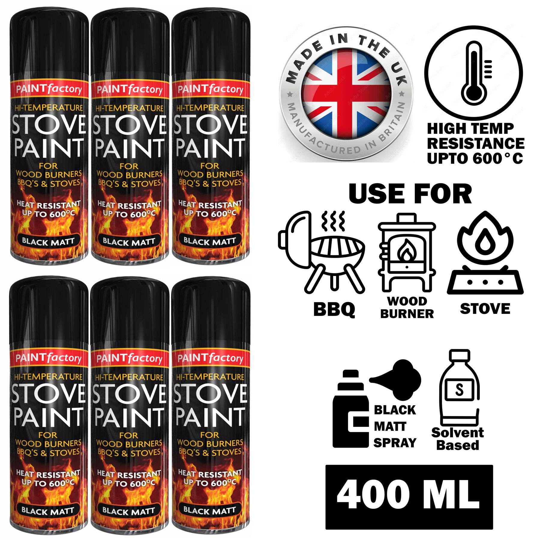 6X High Temp Black Stove Spray Paint 400ml Spray Paint